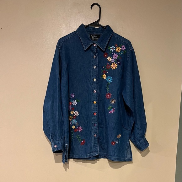 Vintage Silver Threads Boho Retro Embroidered Floral Denim Jacket Size Large - Picture 1 of 5
